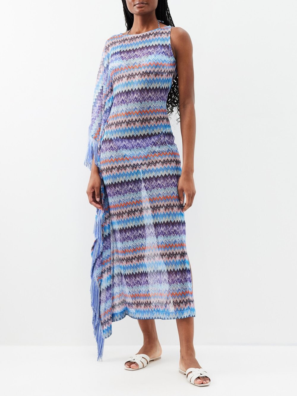 

Полосатый ажурный кафтан с одним рукавом и бахромой Missoni, синий