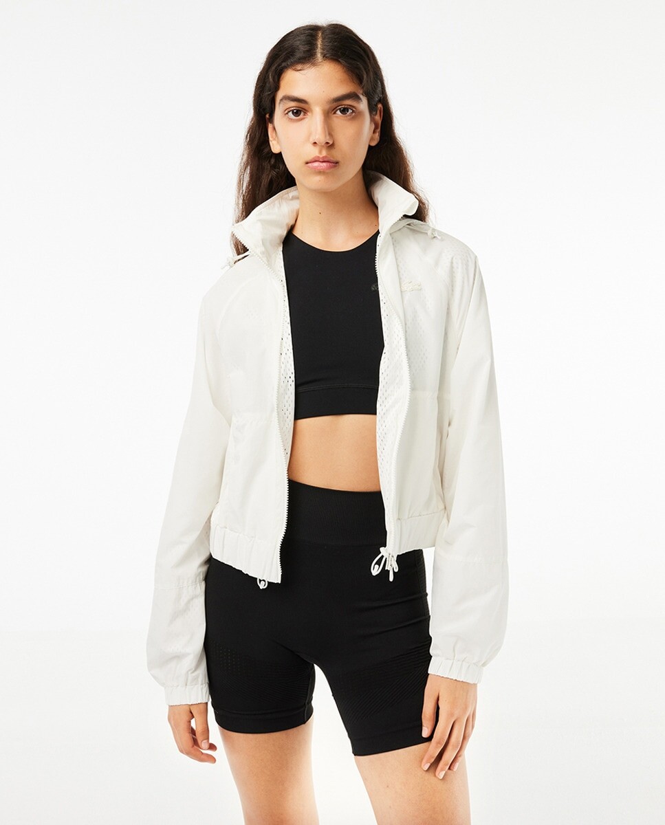 

Короткая женская куртка из нейлона с капюшоном и молнией Lacoste, белый
