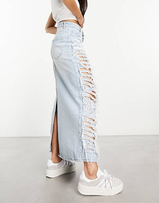 

Джинсовая юбка миди с рваными краями Bershka