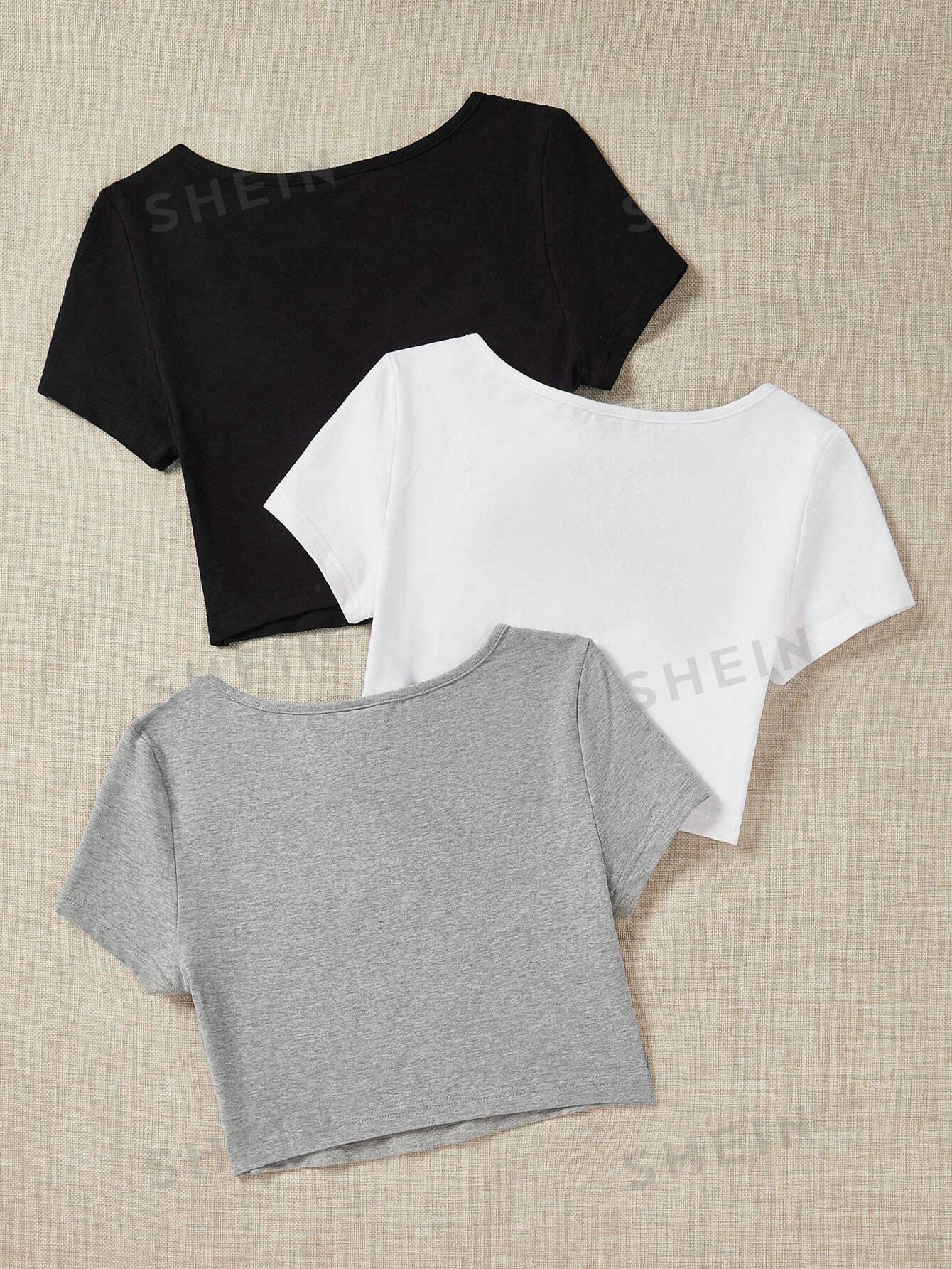 SHEIN EZwear 3 шт. однотонная приталенная футболка с круглым вырезом и короткими рукавами, многоцветный