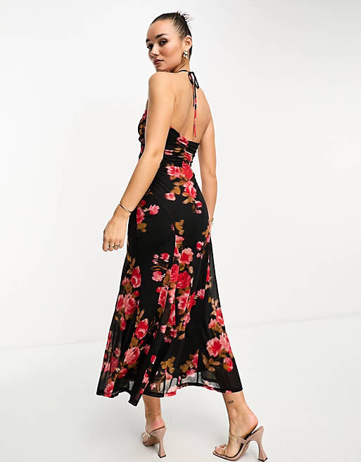 

Красное сетчатое платье миди с вырезом халтер и годетами ASOS DESIGN