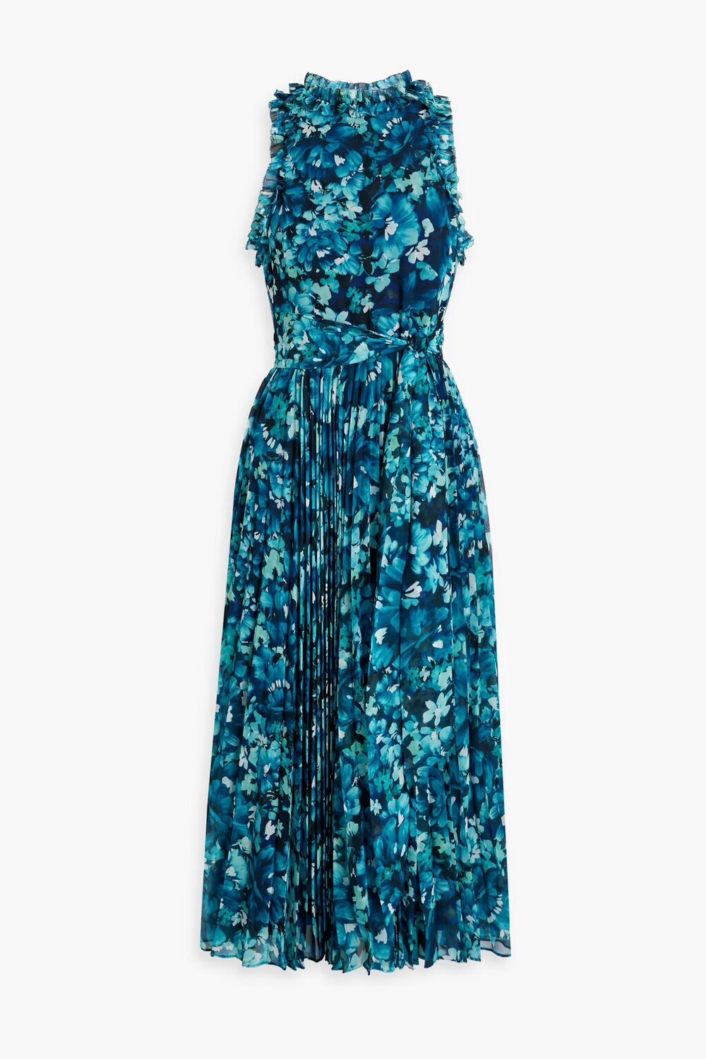 

Плиссированное шифоновое платье миди с цветочным принтом Badgley Mischka, цвет морской волны