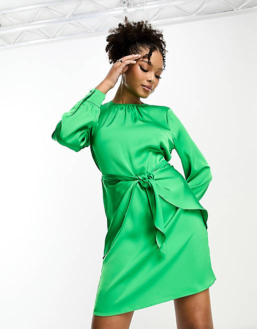 Ярко-зеленое атласное платье мини с узлом спереди Vila