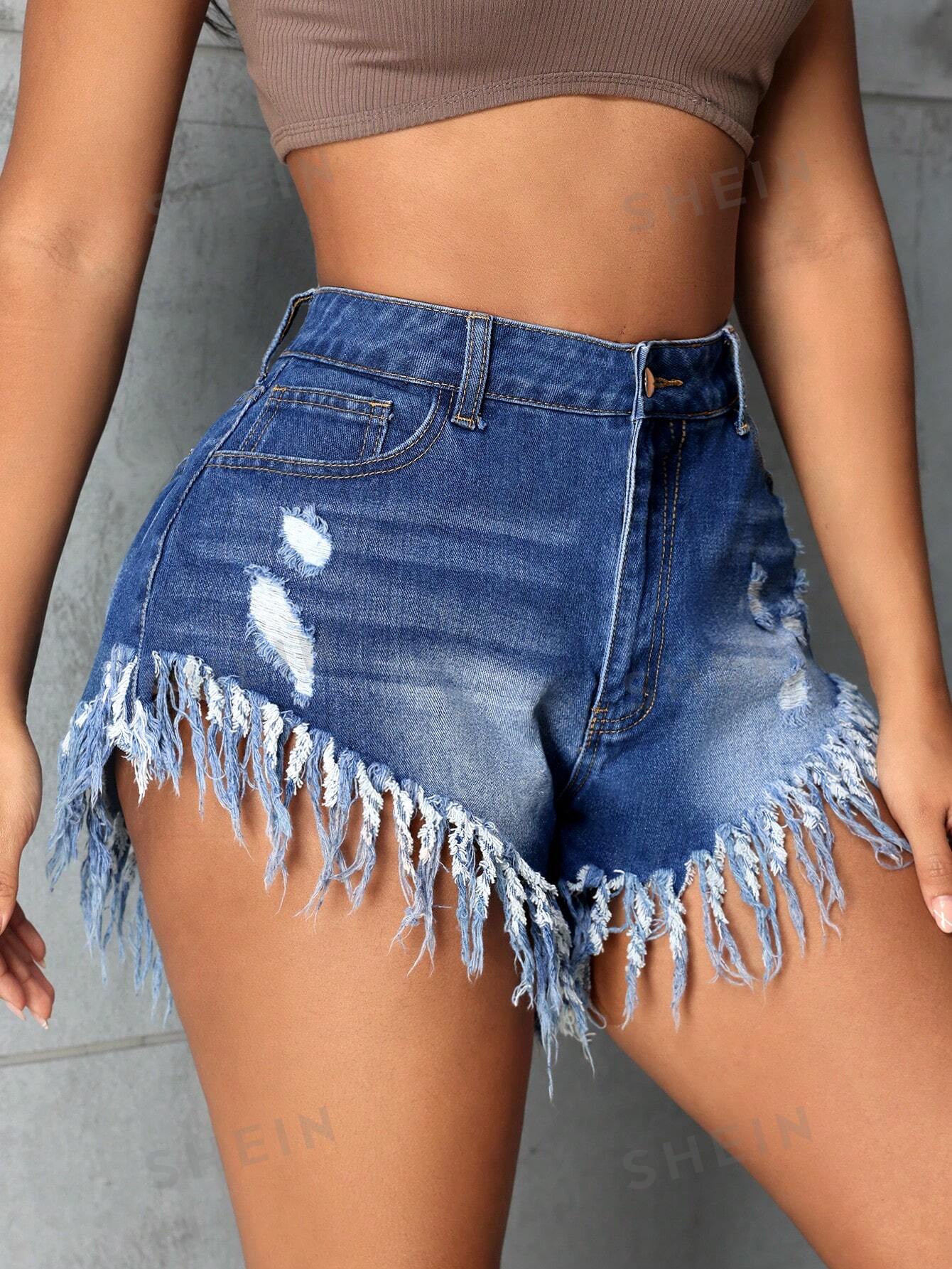 SHEIN SXY Женские джинсовые шорты с потертым краем, синий цена и фото