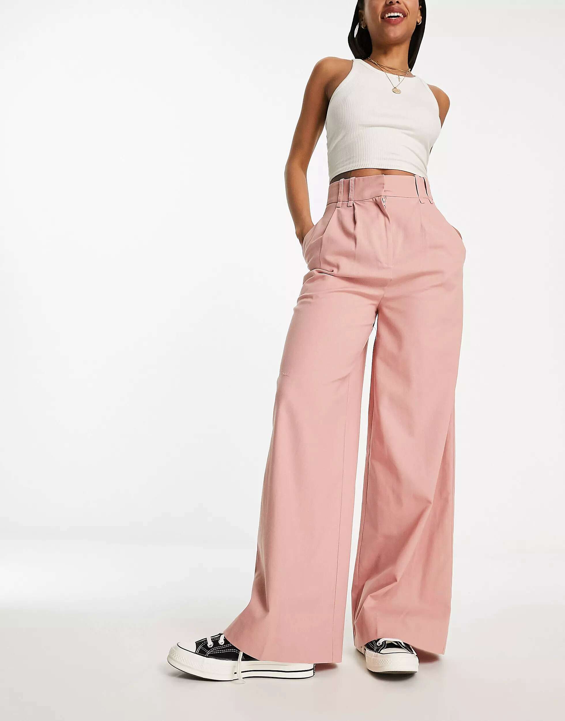 Широкие льняные брюки пыльно-розового цвета ASOS