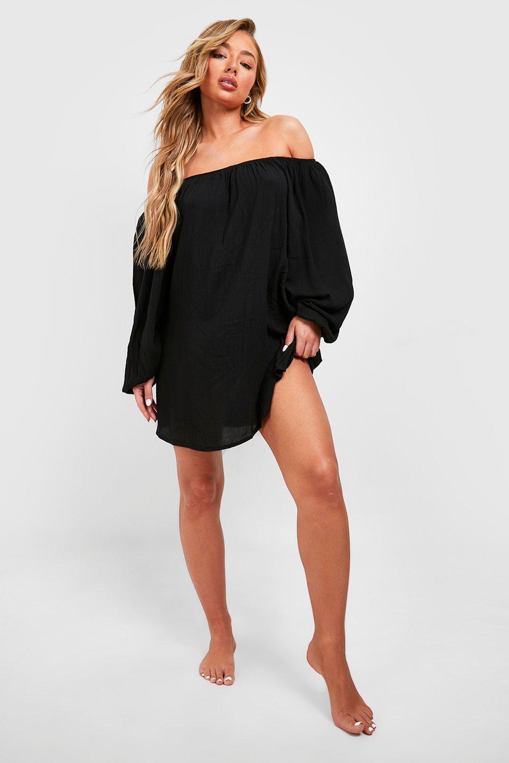 

Пляжное мини-платье Cheesecloth Bardot boohoo, черный