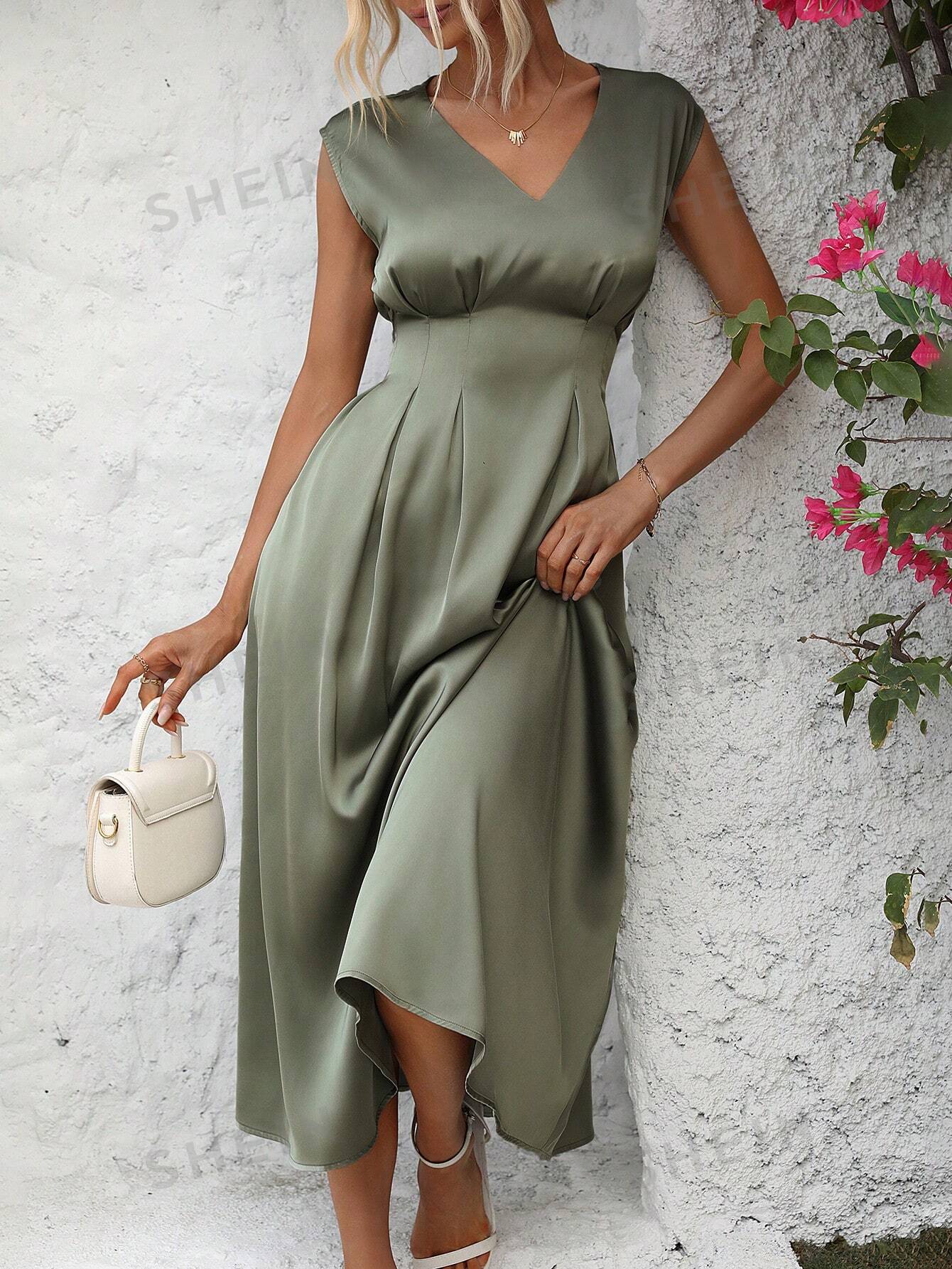 Женское однотонное платье-трапеция с присборенной талией и складками, зеленый женское винтажное мини платье с v образным вырезом свободного покроя