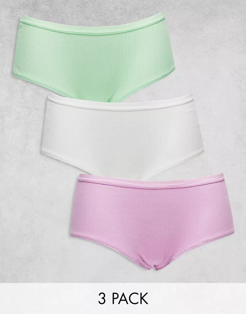 

Комплект из трех трусов в рубчик ASOS Curve белого, сиреневого и фисташкового цветов