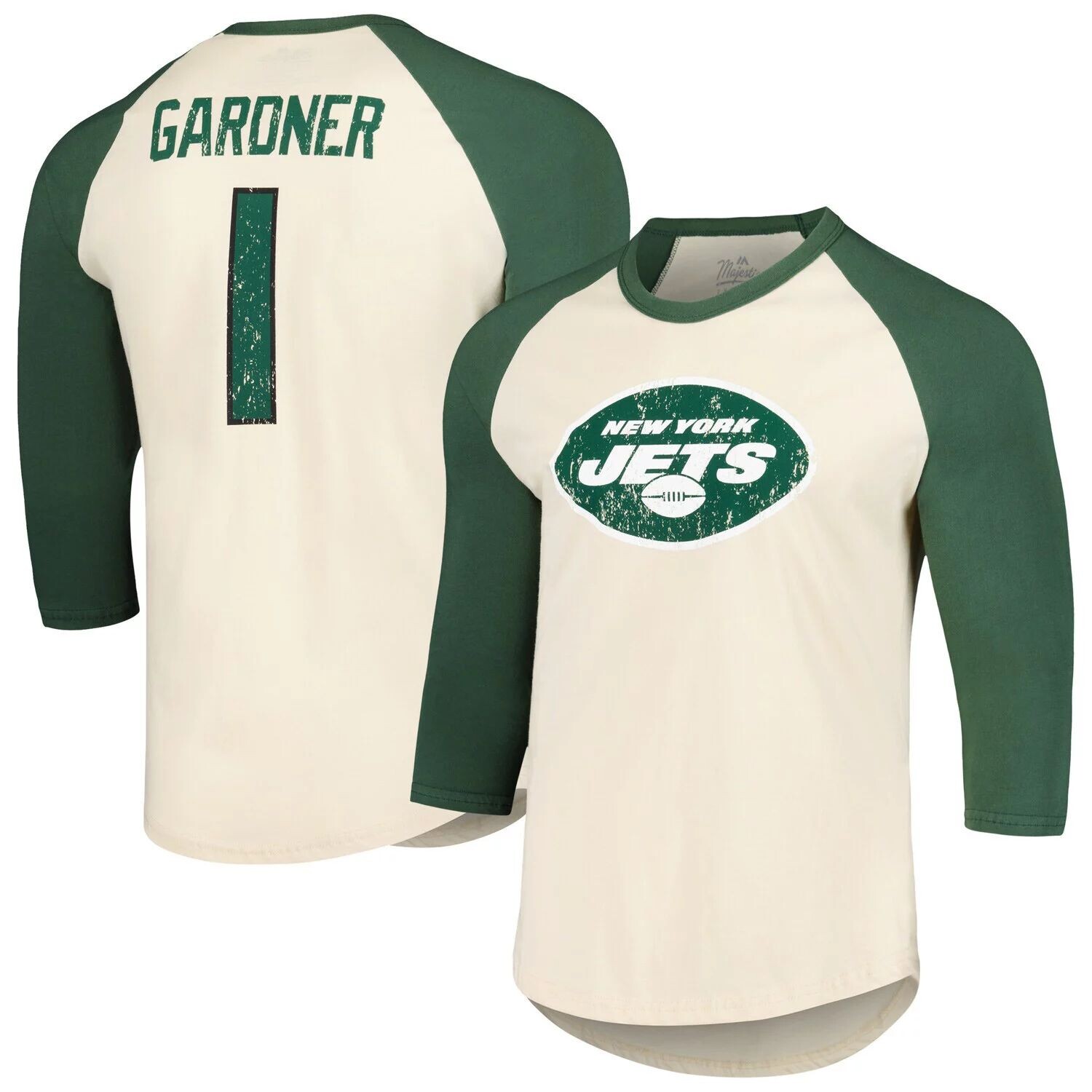 

Мужская футболка с принтом Ahmad Sauce Gardner Cream/Green New York Jets, имя и номер игрока, футболка реглан с рукавами 3/4 Majestic