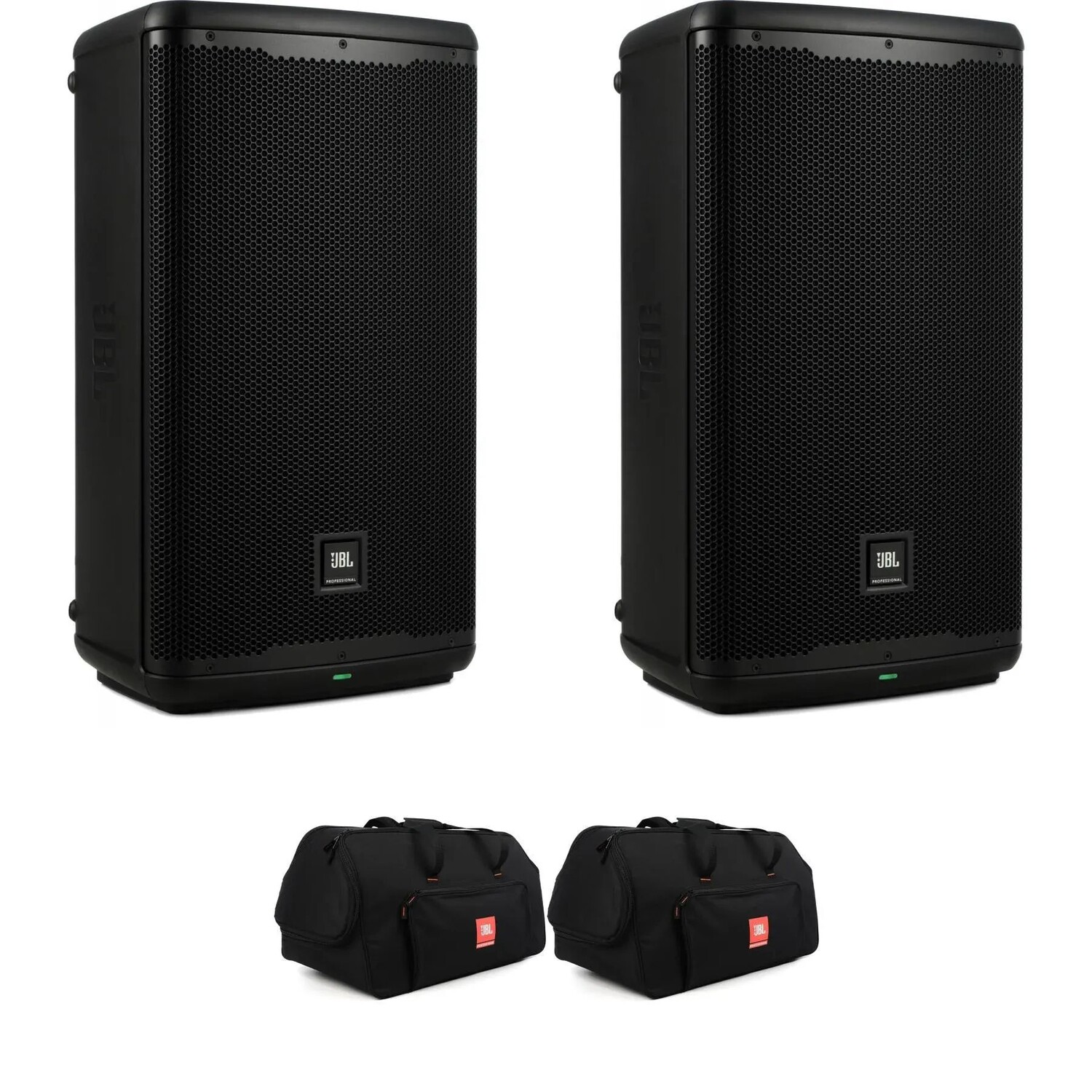 

Пара 12-дюймовых активных динамиков JBL EON 712 мощностью 1300 Вт в чехлах