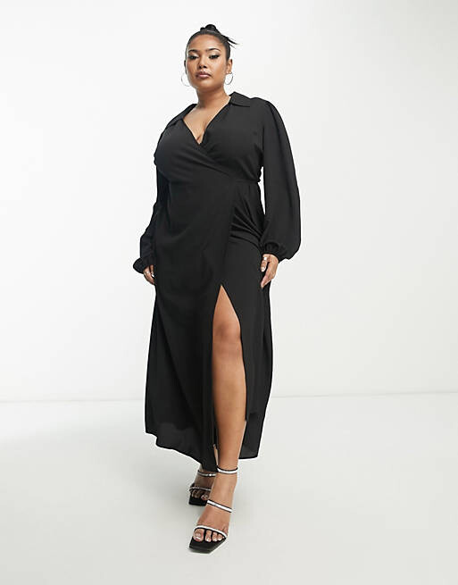 

Черное платье миди с воротником и запахом ASOS DESIGN Curve