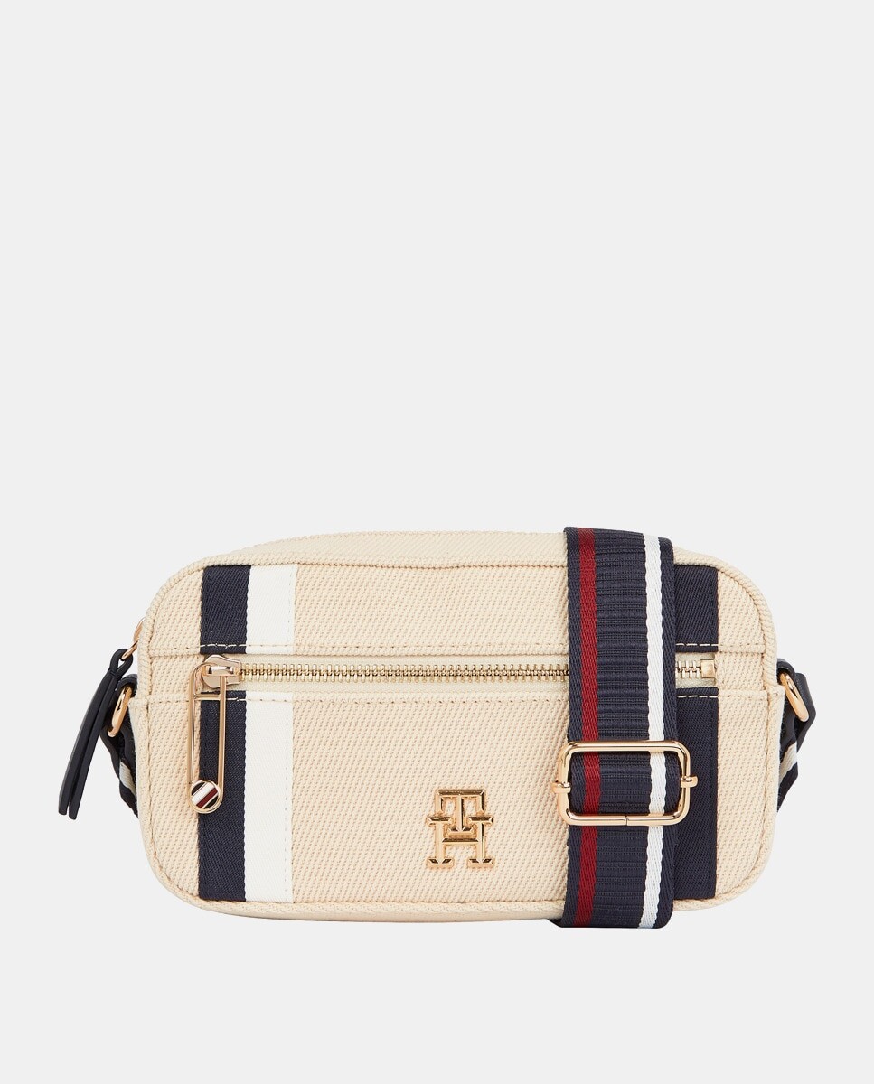 

Маленькая сумка через плечо цвета экрю с фирменными полосками Tommy Hilfiger