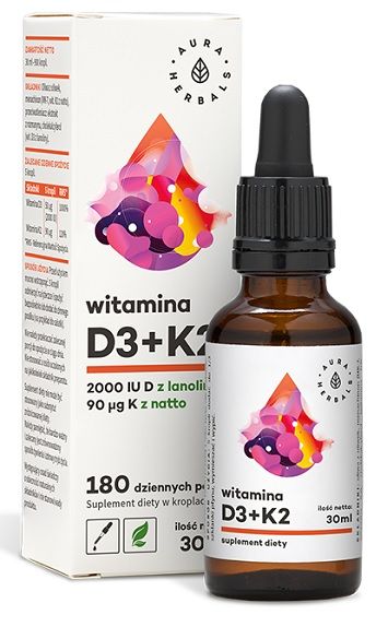 Витамин Д3 + К2 Aura Herbals Witamina D3 + K2 Krople, 30 мл витамин d3 k2 с кислотами омега 3 aura herbals witamina d3 2000 iu k2 omega 3 krople 30 мл