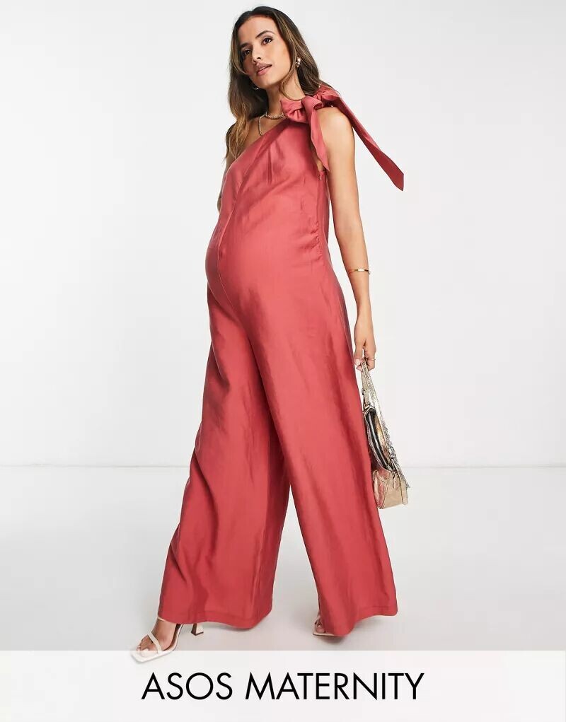 

Льняной комбинезон с завязывающейся бретелькой на одно плечо ASOS Maternity кирпично-красного цвета