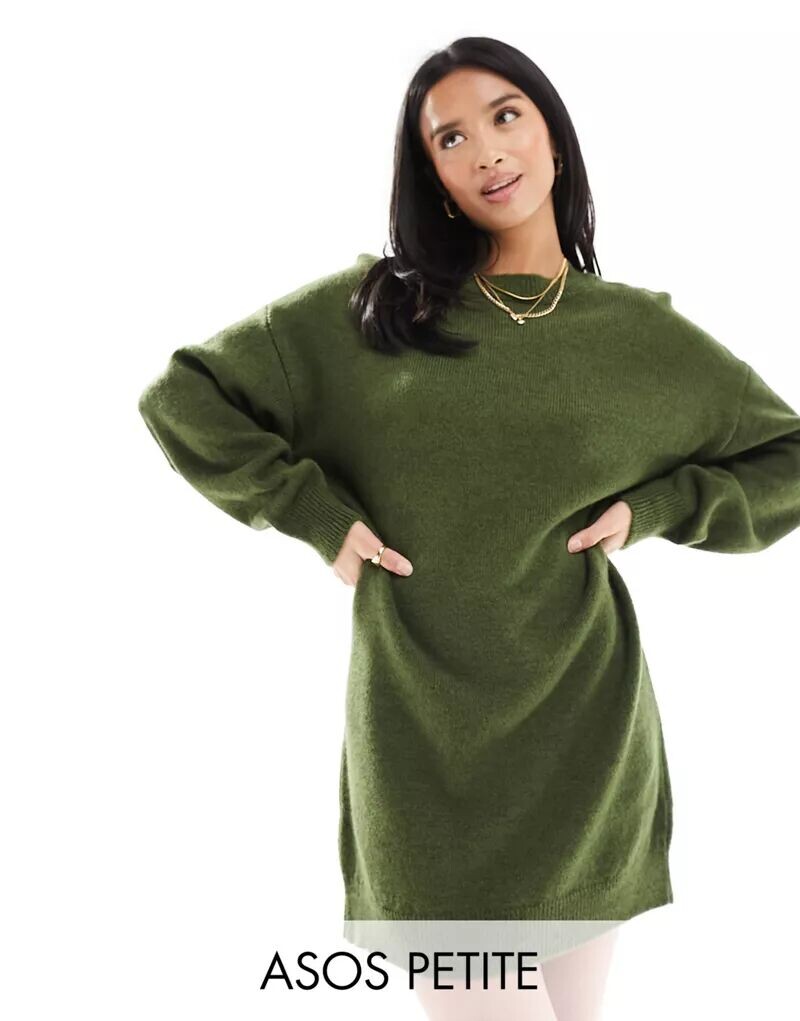 

Укороченное вязаное платье цвета хаки с круглым вырезом ASOS DESIGN Petite