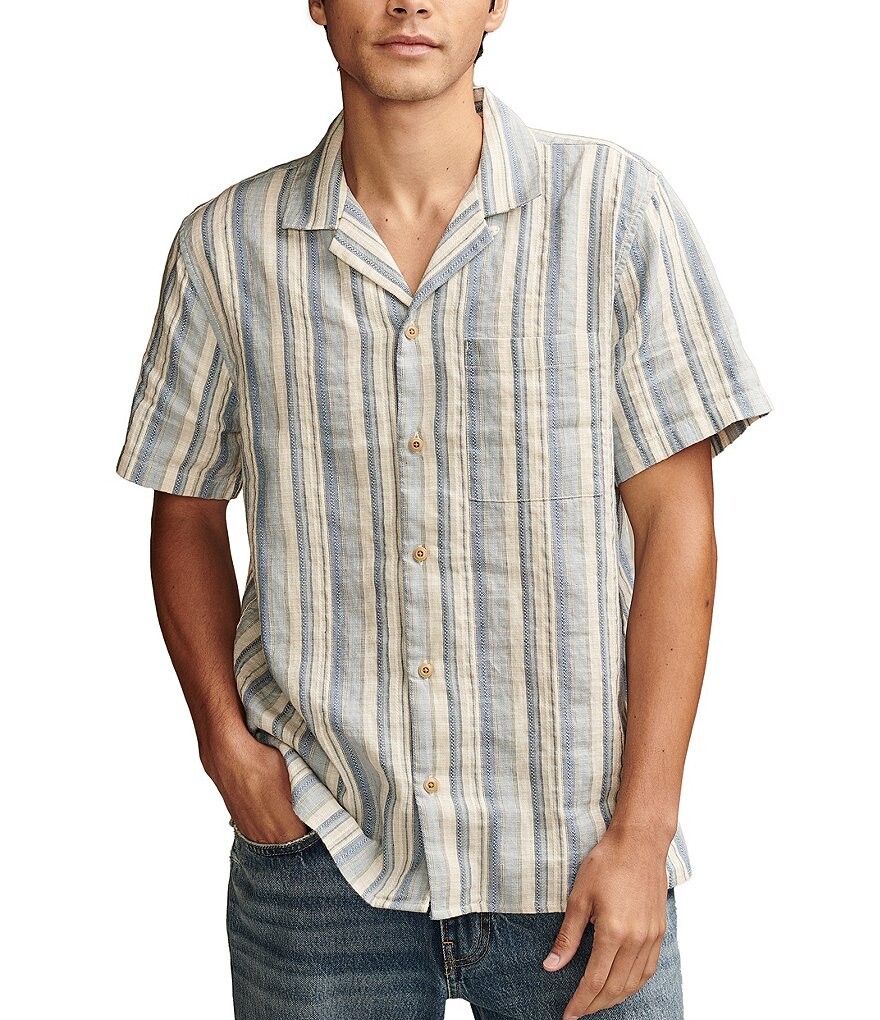 

Льняная походная рубашка Lucky Brand с короткими рукавами в полоску, синий
