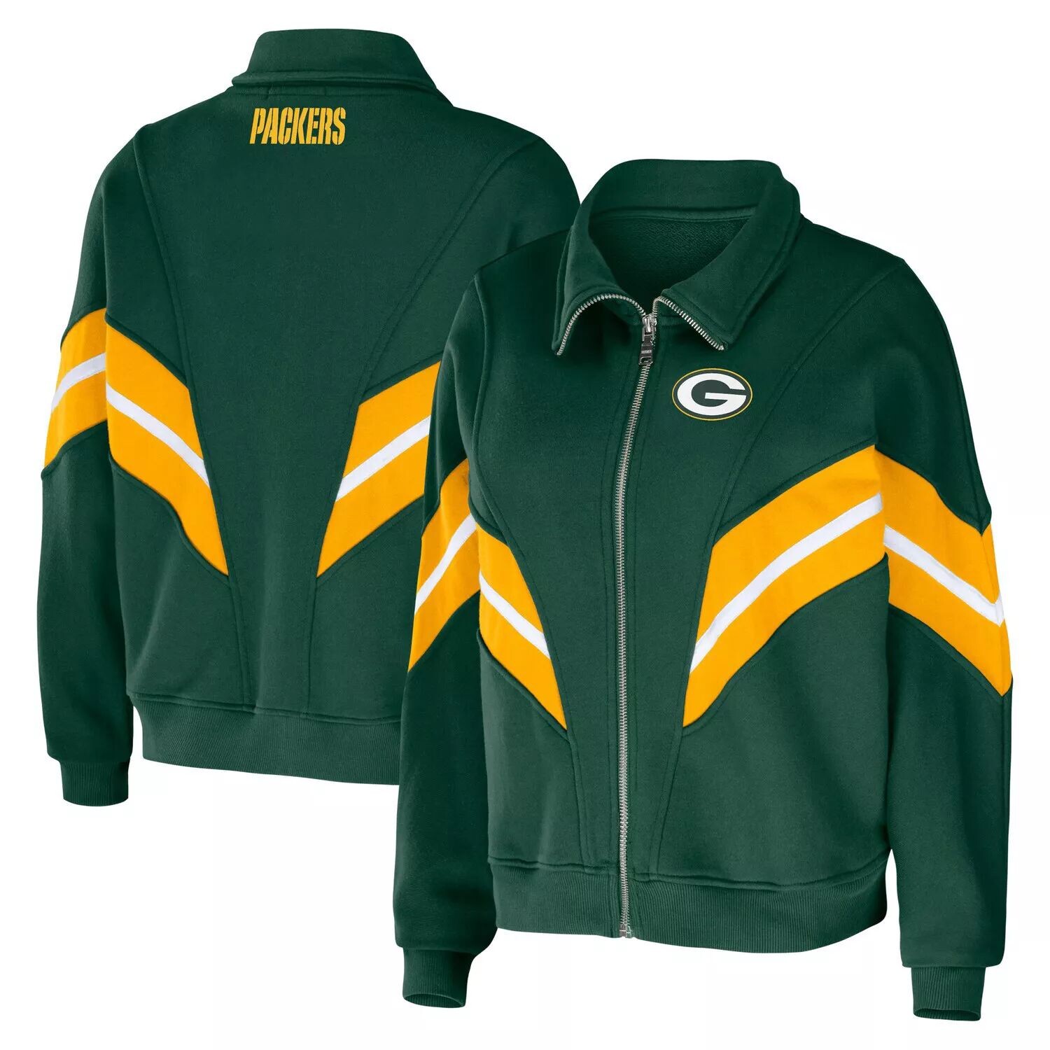 

Женская одежда Erin Andrews Зеленая куртка Green Bay Packers размера плюс с молнией в полоску из пряжи и красителя, Зеленый