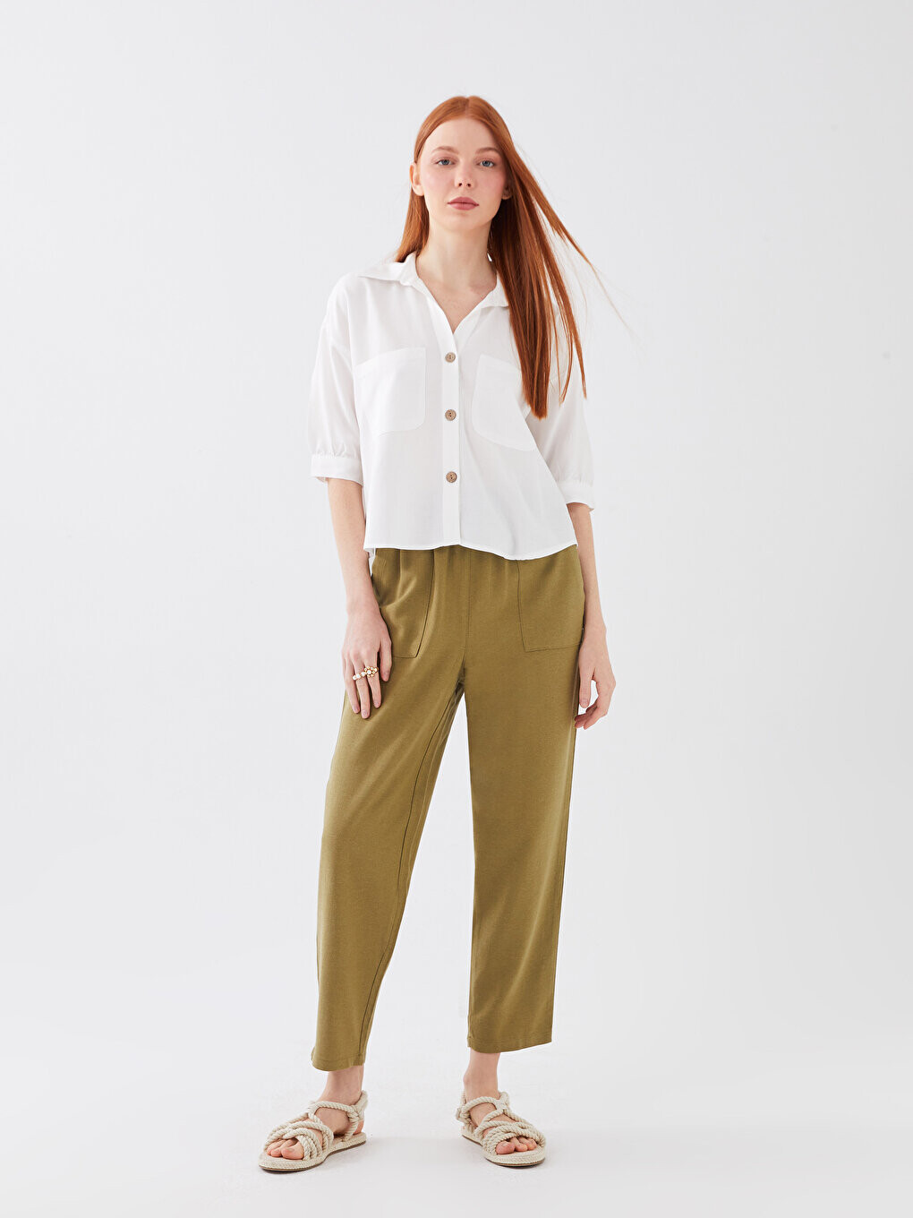 

Однотонные женские брюки из смесового льна с эластичной резинкой на талии LCW Casual, хаки