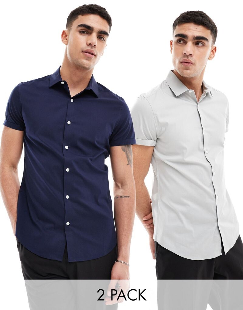 

Комплект эластичных рабочих рубашек узкого кроя ASOS DESIGN (2 темно-синих/серых цвета)