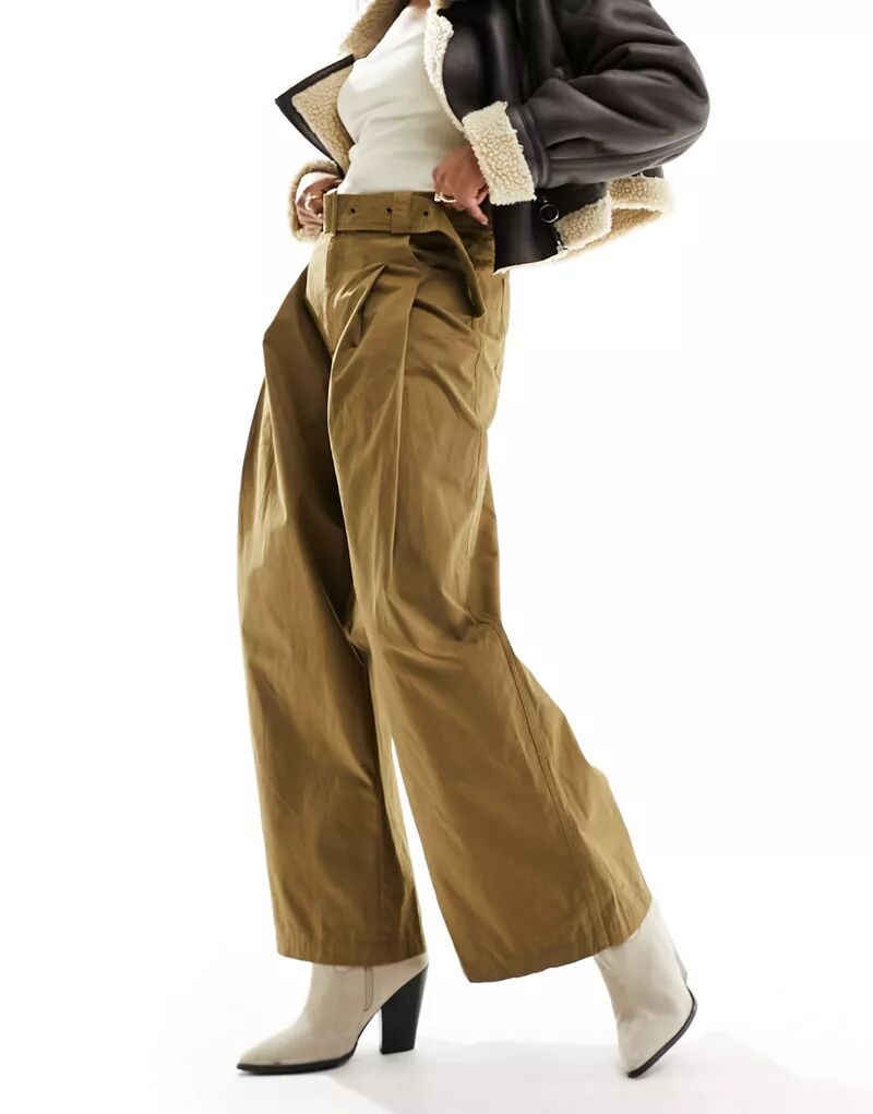 Коричневые брюки цвета хаки с поясом Urban Revivo