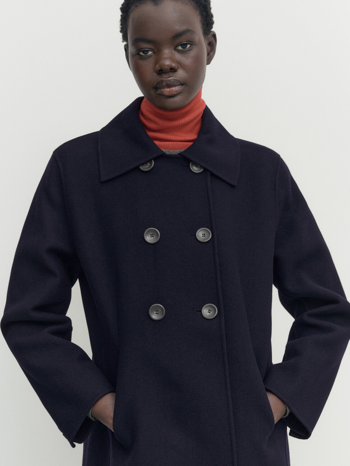 

Двубортное пальто полушерстяное Massimo Dutti, темно-синий