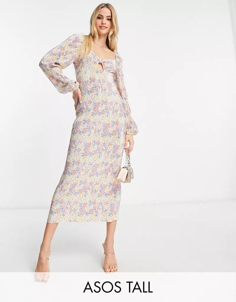 

Синее плиссированное платье миди с длинными рукавами и бюстом ASOS DESIGN Tall