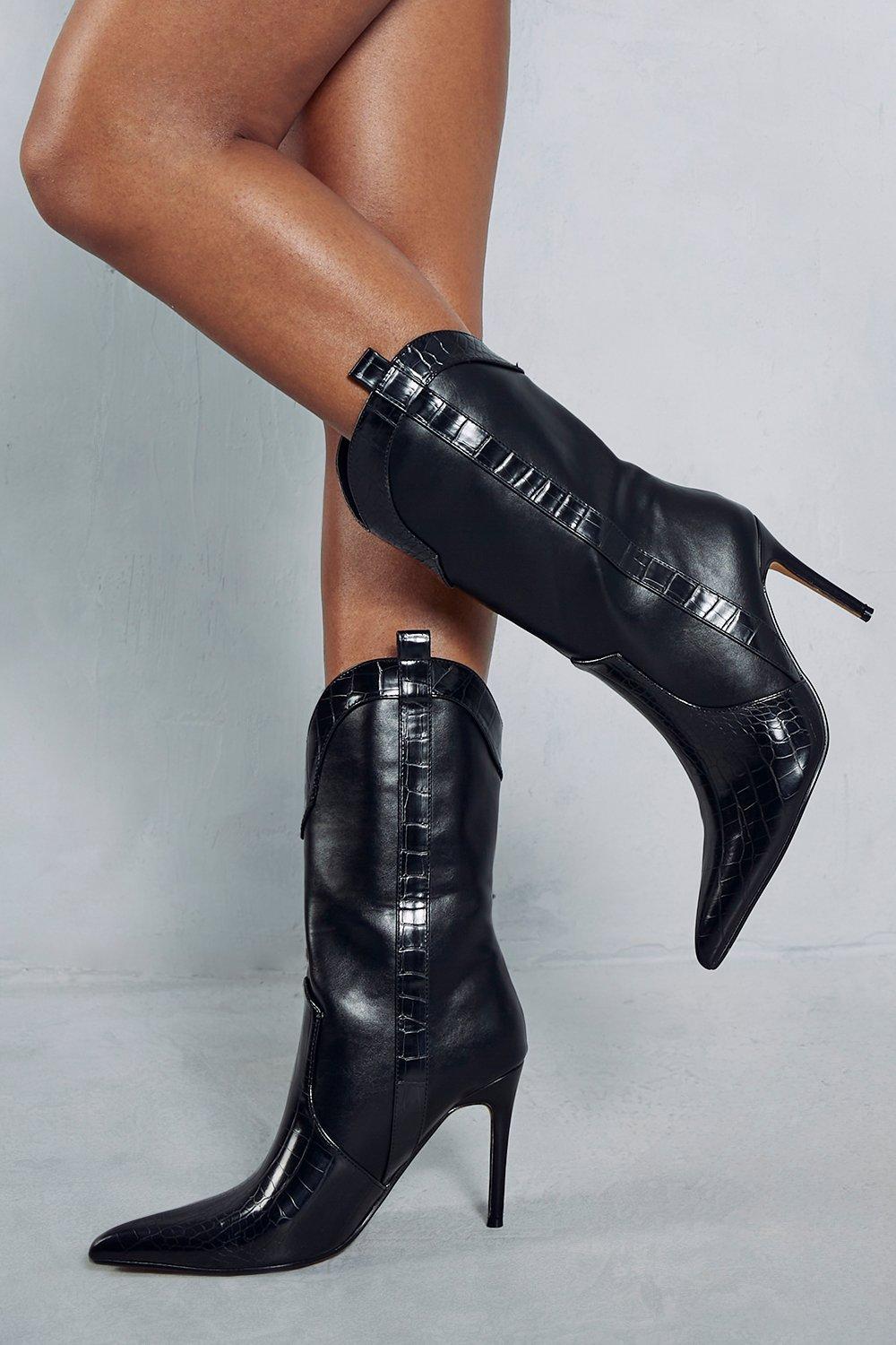 Кожаные ботинки на каблуке в стиле вестерн MISSPAP, черный только – сапоги в стиле вестерн белого цвета на каблуке only