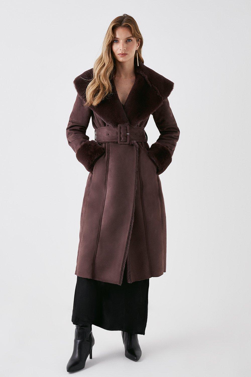 Длинное пальто с воротником из искусственной овчины и поясом Coast, коричневый пальто sorelle laced up коричневое xs