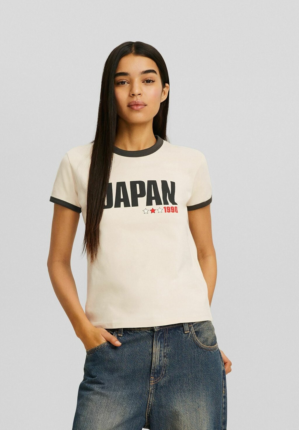 

Футболка с принтом Short Sleeve Bershka, бежевый