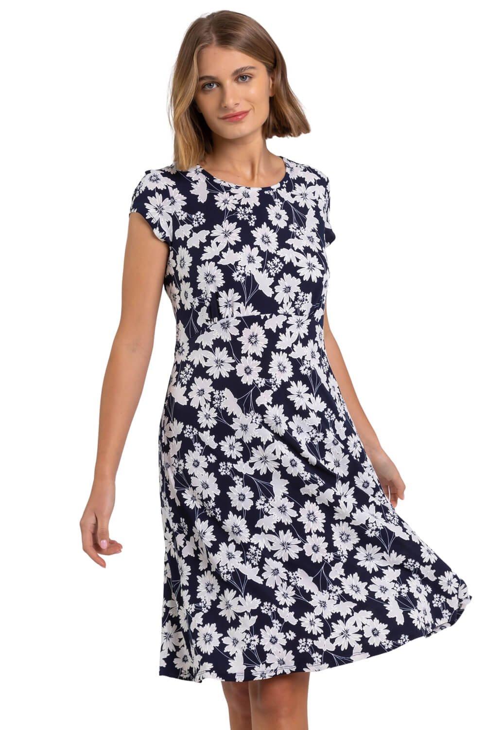 Чайное платье из эластичного джерси с цветочным принтом Roman, синий цена и фото