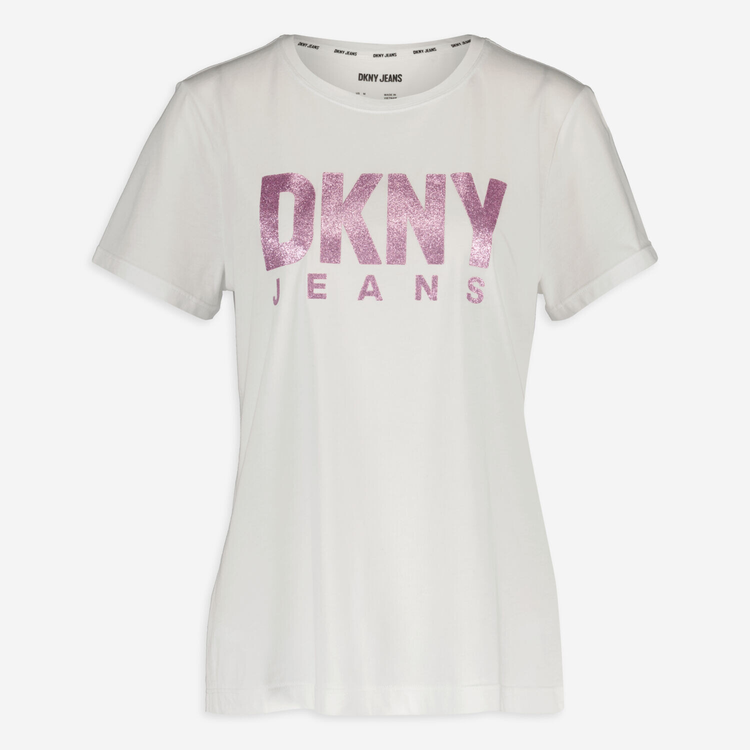 

Белая футболка с розовым блестящим логотипом DKNY Jeans