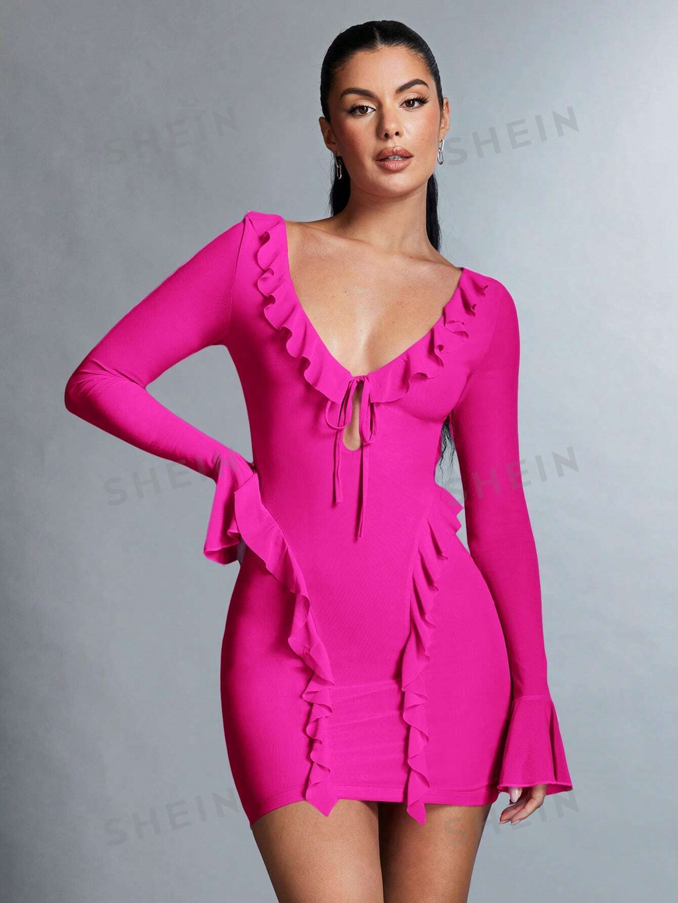 SHEIN BAE Женское платье с завязками спереди и длинными рукавами с оборками по подолу, ярко-розовый