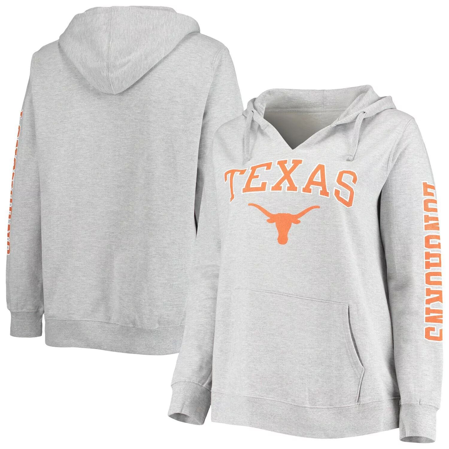 

Женский серый пуловер с капюшоном Texas Longhorns с логотипом Arch и логотипом Campus 2, пуловер с v-образным вырезом и капюшоном