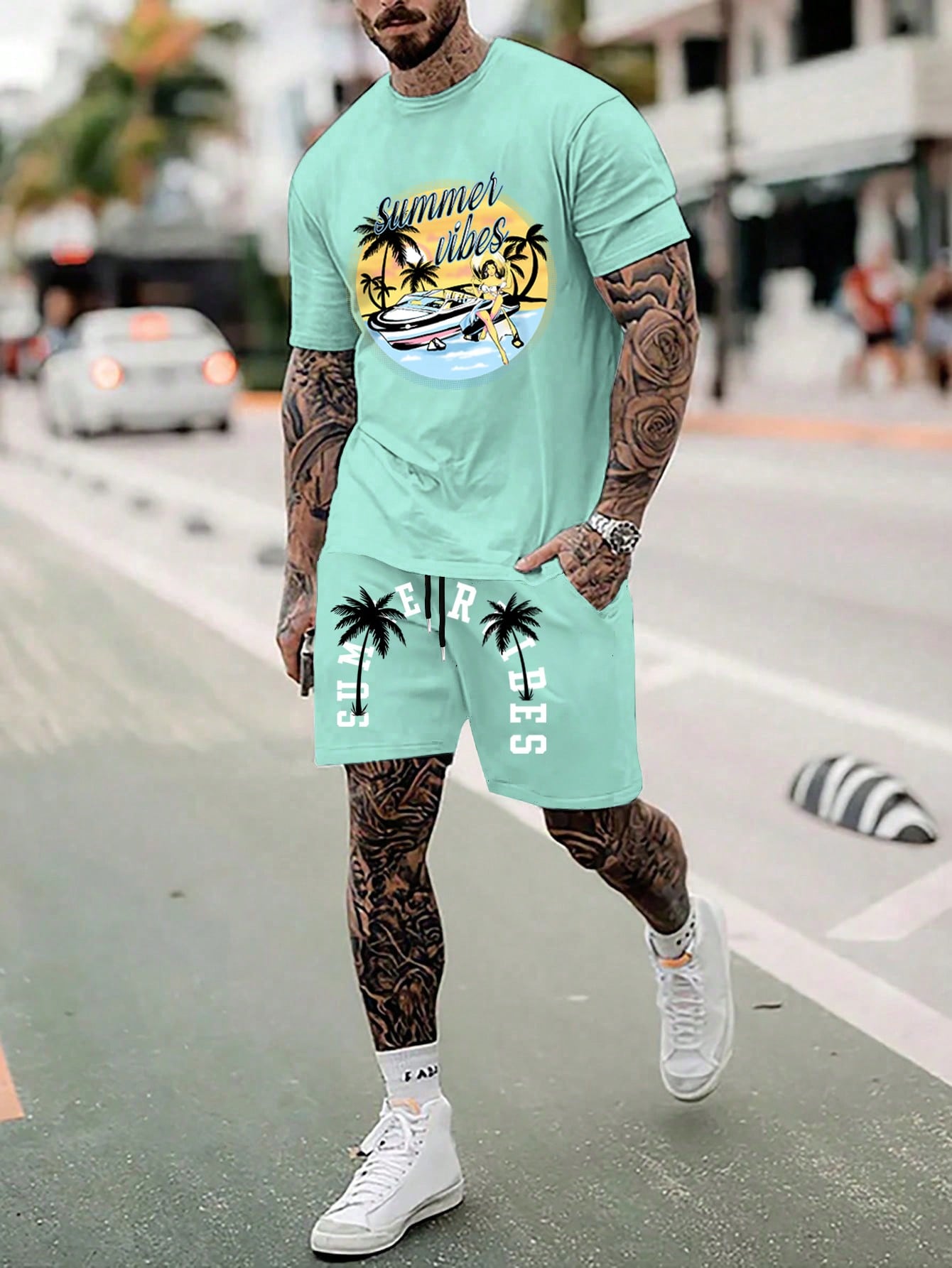 Мужская футболка с коротким рукавом и шорты Manfinity Chillmode с графическим принтом, мятно-зеленый
