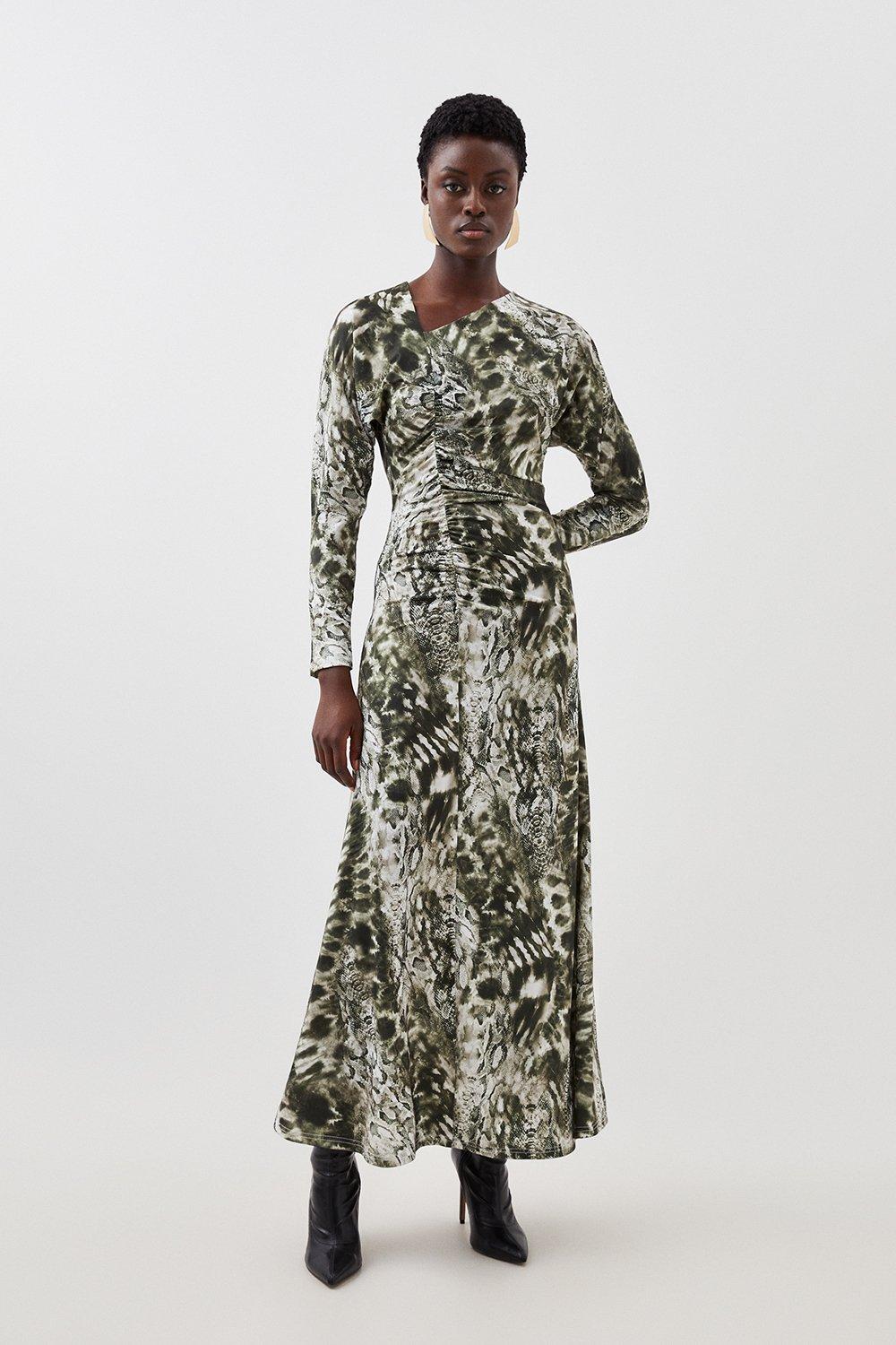 цена Асимметричное платье макси из джерси со змеиным принтом Karen Millen, мультиколор