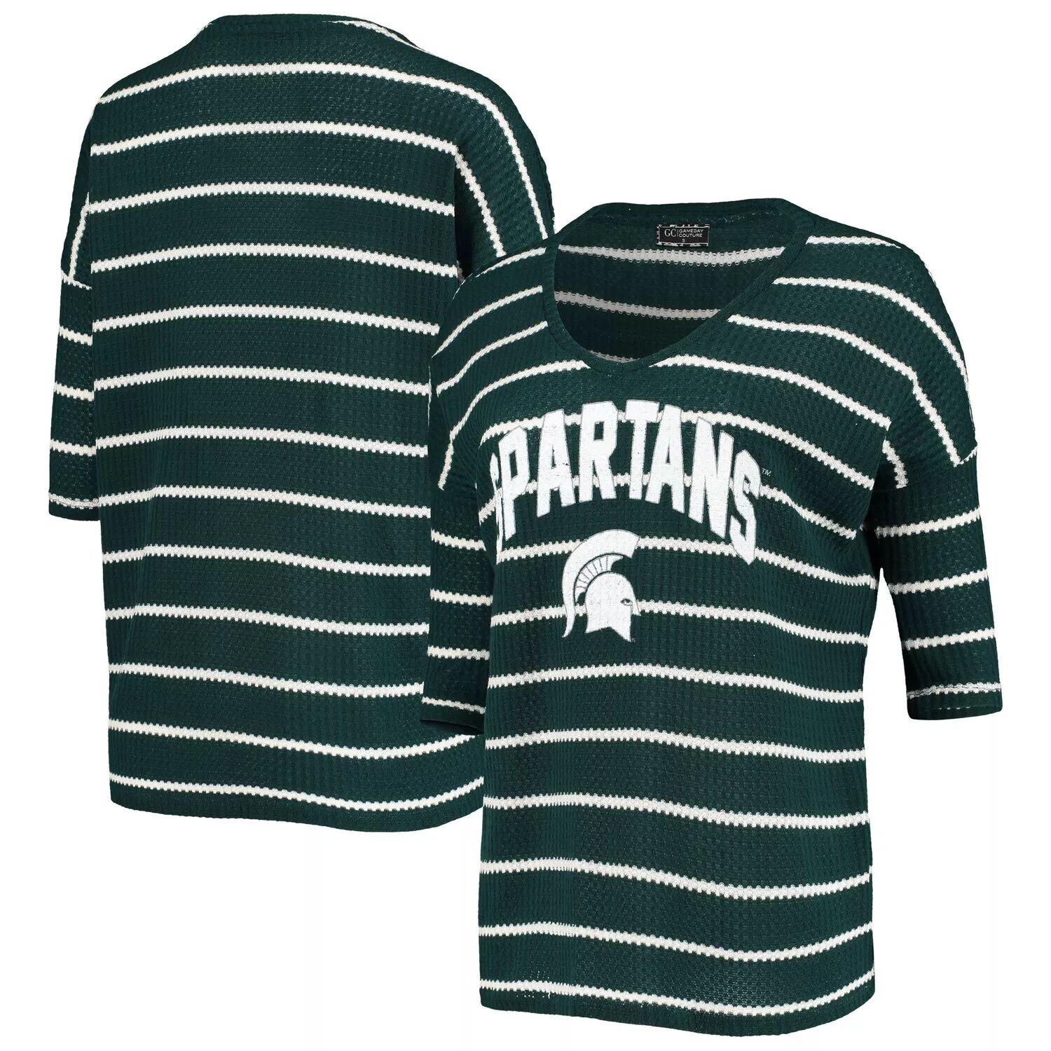 

Зеленая женская футболка в полоску с рукавами 3/4 Michigan State Spartans