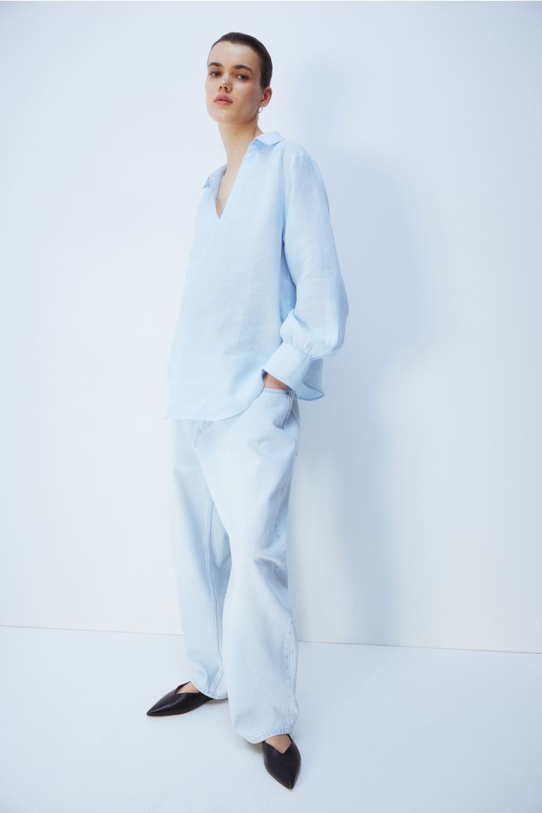 Блузка-Слип Мама из льна H&M, синий новинка рубашка в китайском ретро стиле из хлопка и льна женская весенне летняя китайская блузка на пуговицах с v образным вырезом и принто