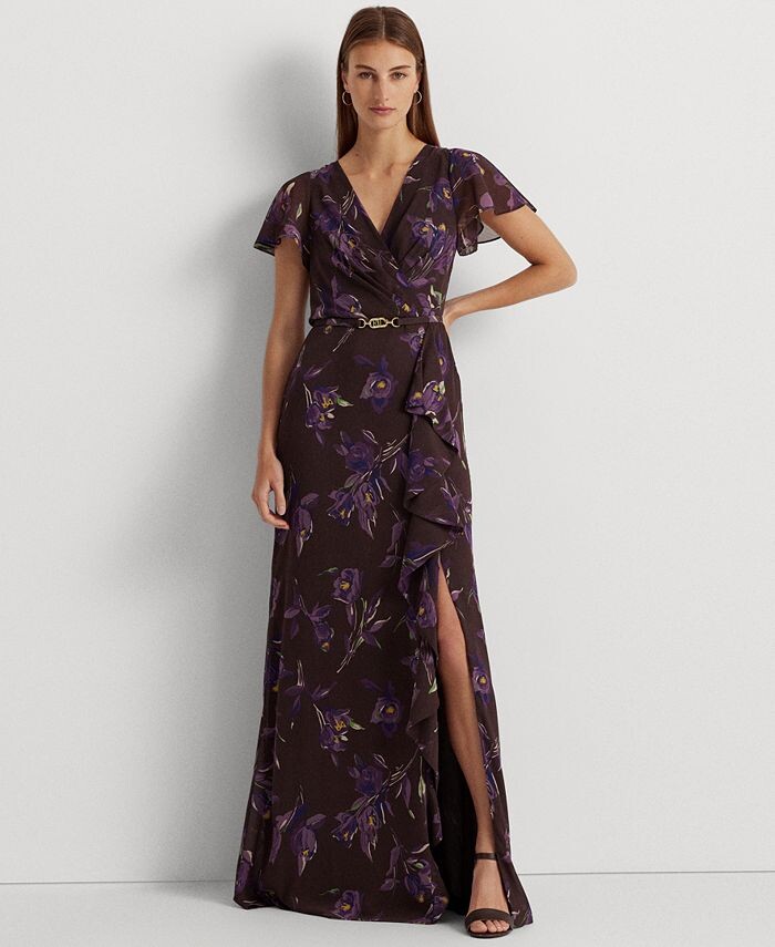 

Женское платье из жатого жоржета с развевающимися рукавами Lauren Ralph Lauren, мультиколор