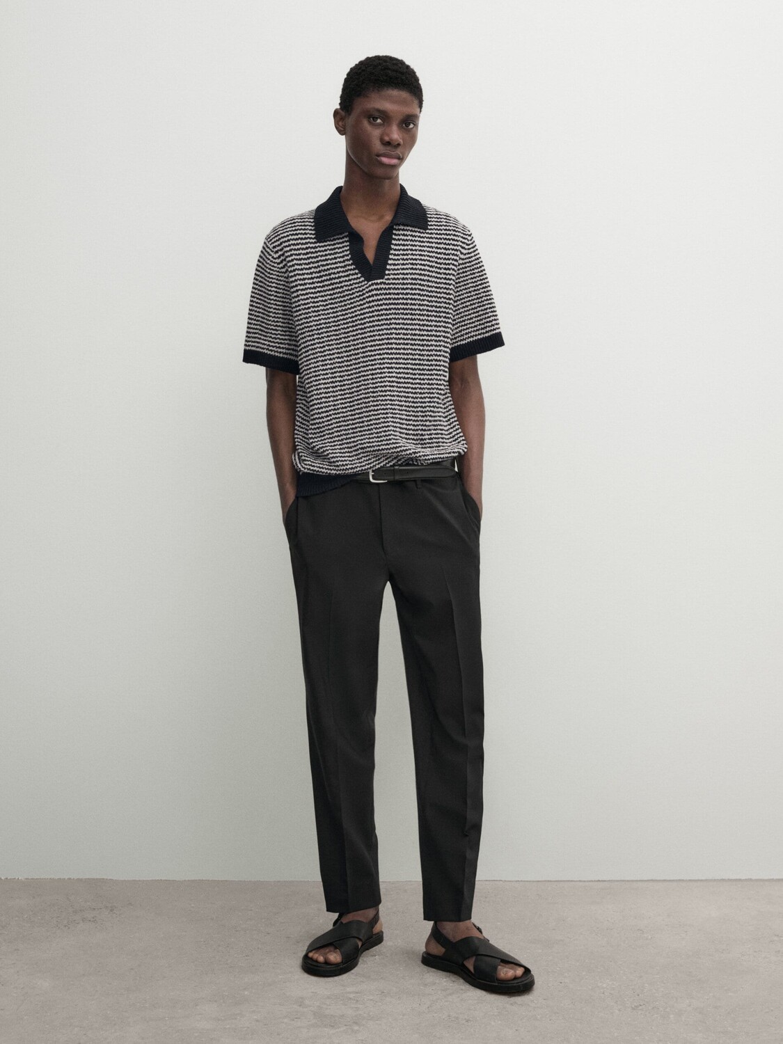 

Текстурированный свитер-поло с короткими рукавами Massimo Dutti, синий