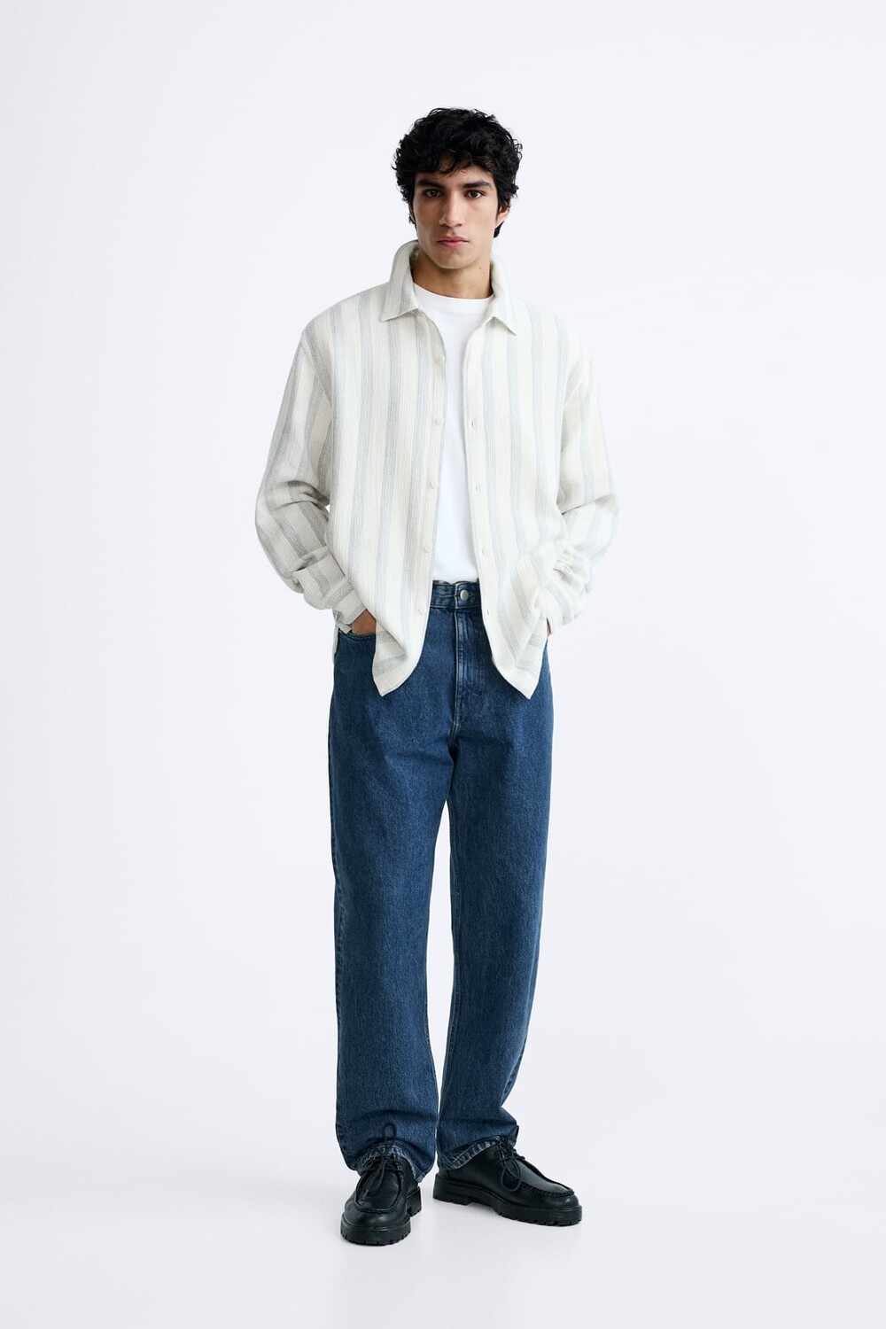 

Полосатая фактурная рубашка ZARA, белый/серый