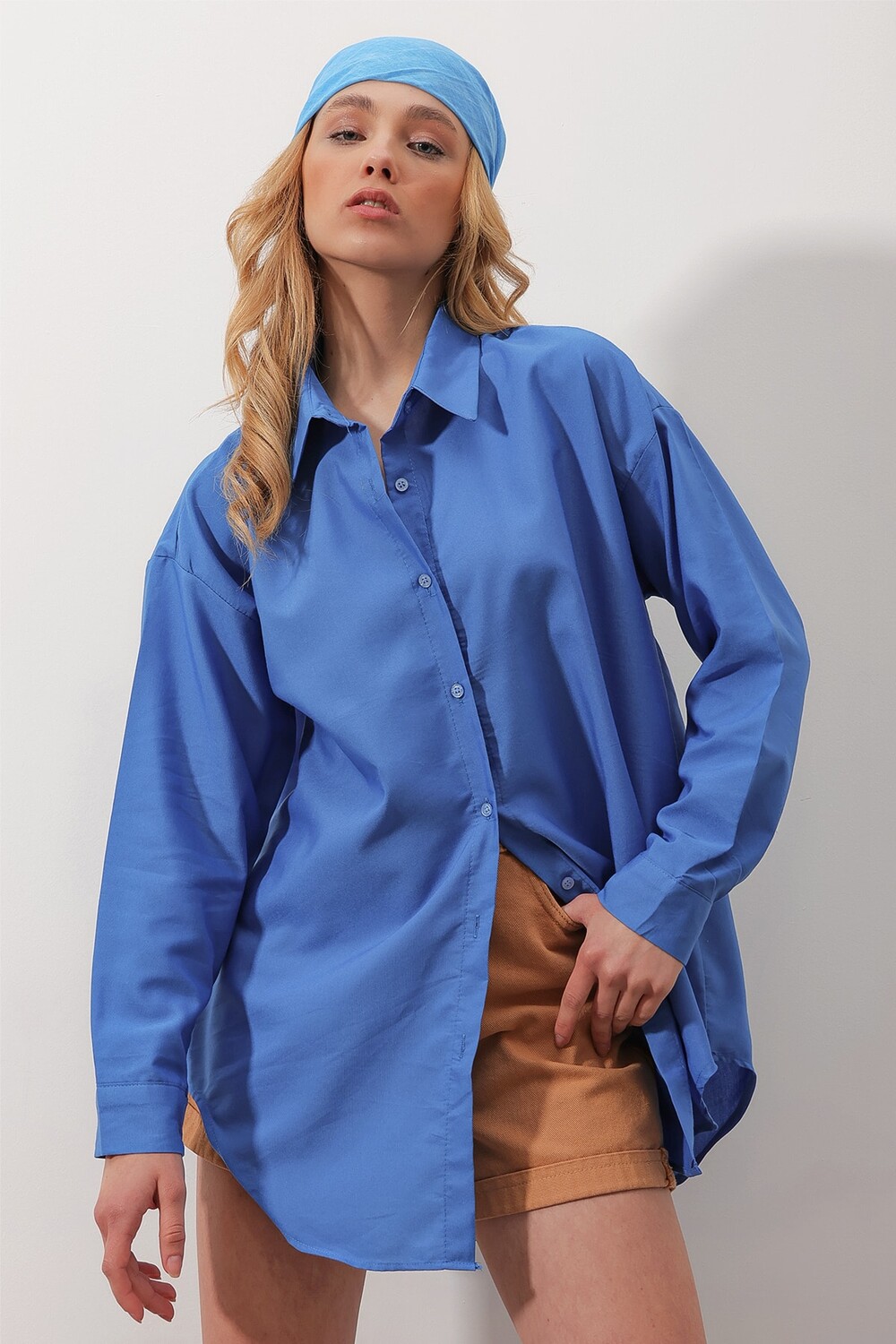 

Рубашка - Синяя - Oversize Trend Alaçatı Stili, синий