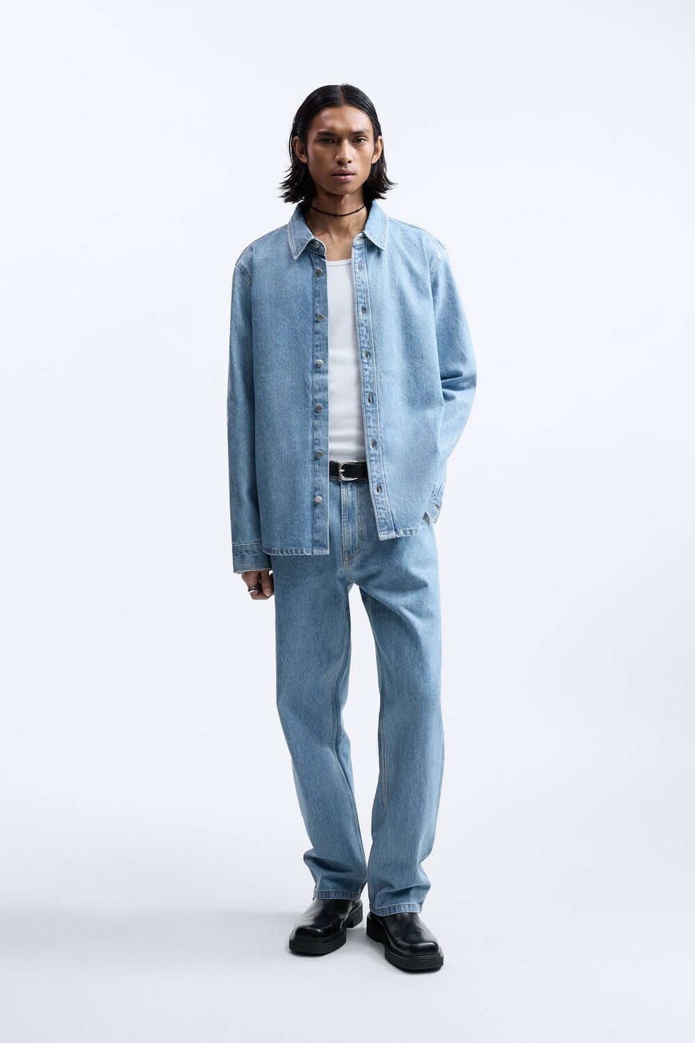 

Рубашка из денима из вощеного денима ZARA, синий