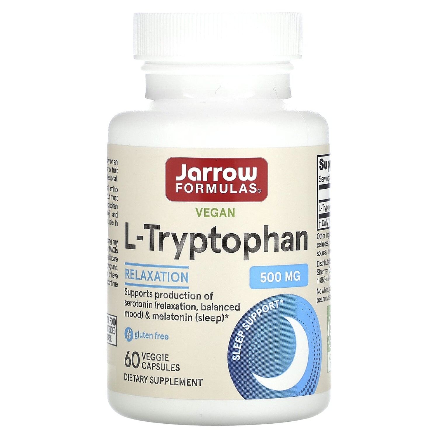 

L-триптофан, 500 мг, 60 растительных капсул, Jarrow Formulas