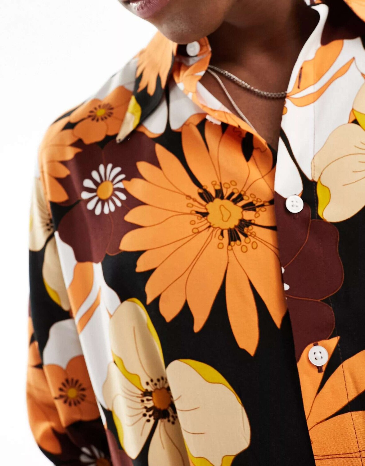 

Свободная рубашка ASOS с воротником 70-х годов с оранжево-коричневым цветочным принтом
