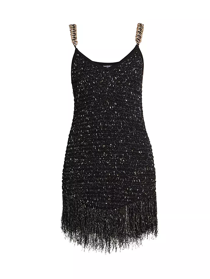 цена Твидовое мини-платье с металлизированной цепочкой Balmain, цвет black gold