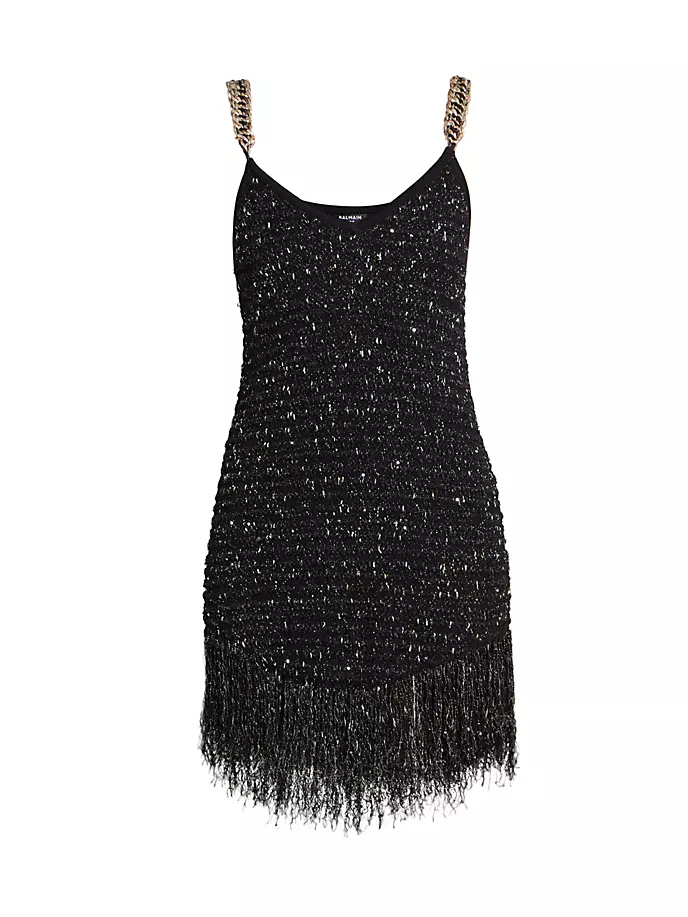 

Твидовое мини-платье с металлизированной цепочкой Balmain, цвет black gold