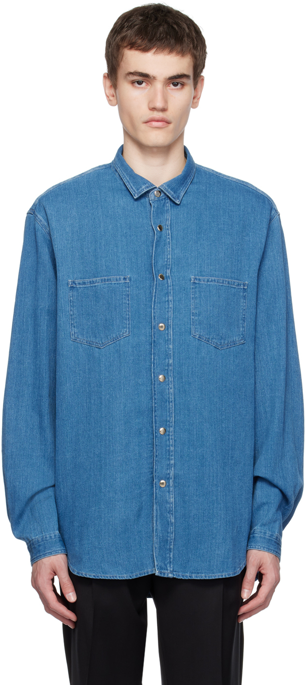 Синяя рубашка с накладным карманом Lardini
