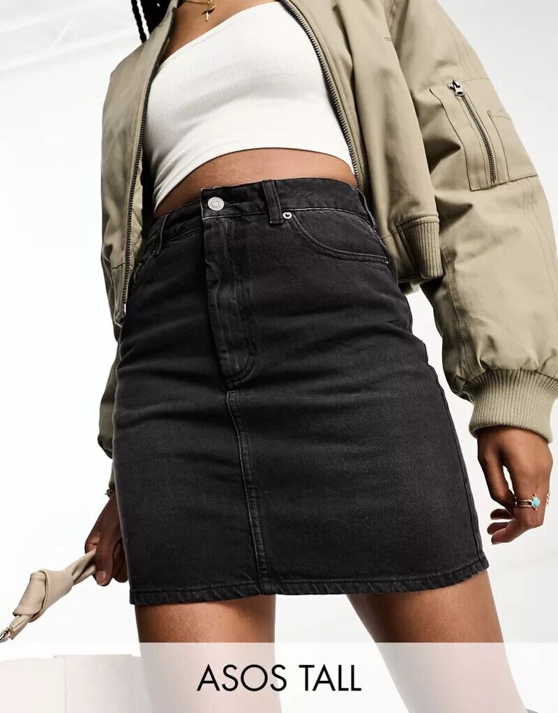 

Черная короткая джинсовая юбка с завышенной талией ASOS DESIGN Tall