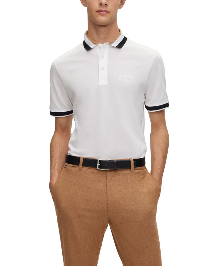 Мужская рубашка поло с воротником в фирменную полоску Hugo Boss, белый цена и фото