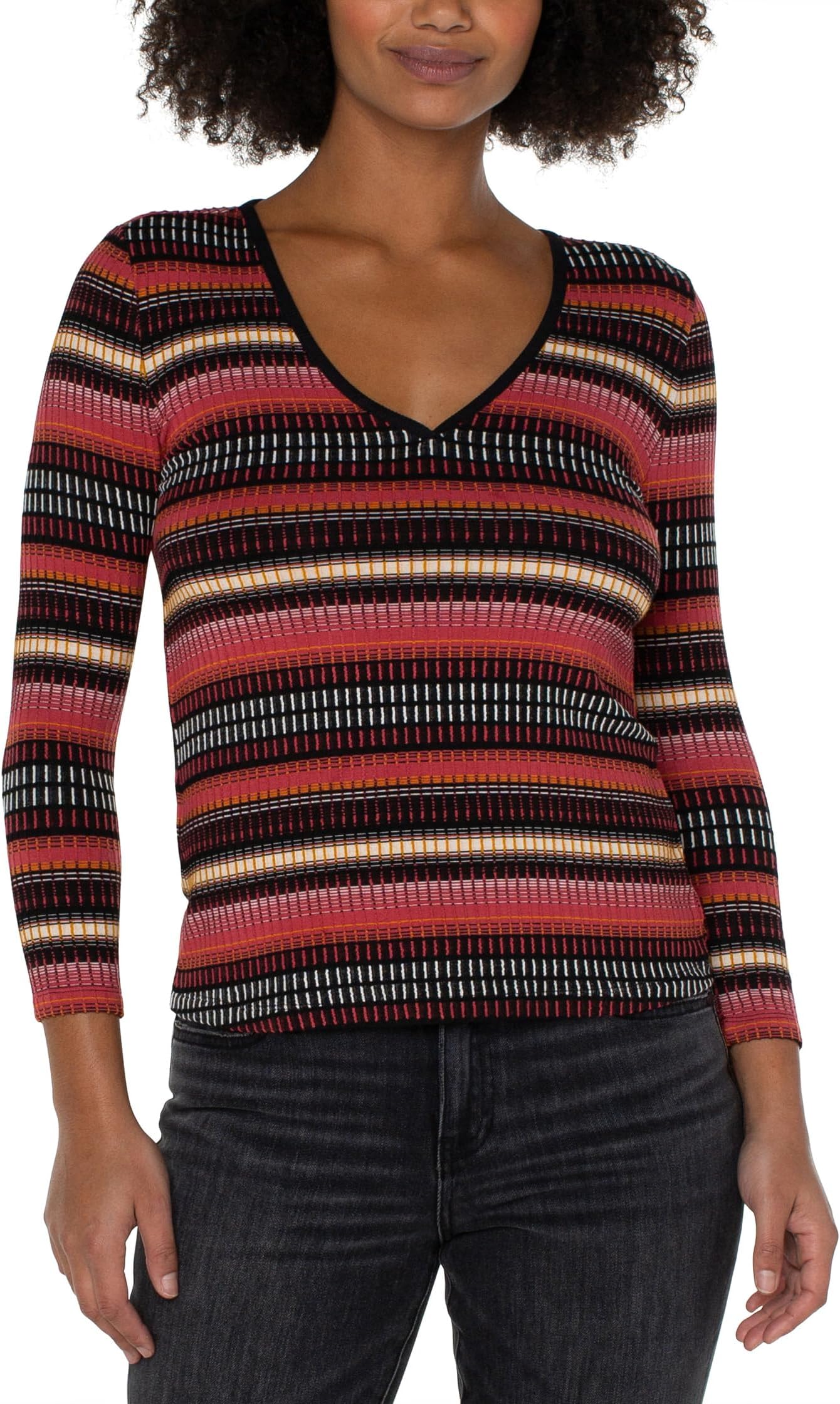 

Топ Liverpool Los Angeles 3/4 Sleeve V-Neck Knit Top with Contrast, цвет Multicolor Abstract Stripe